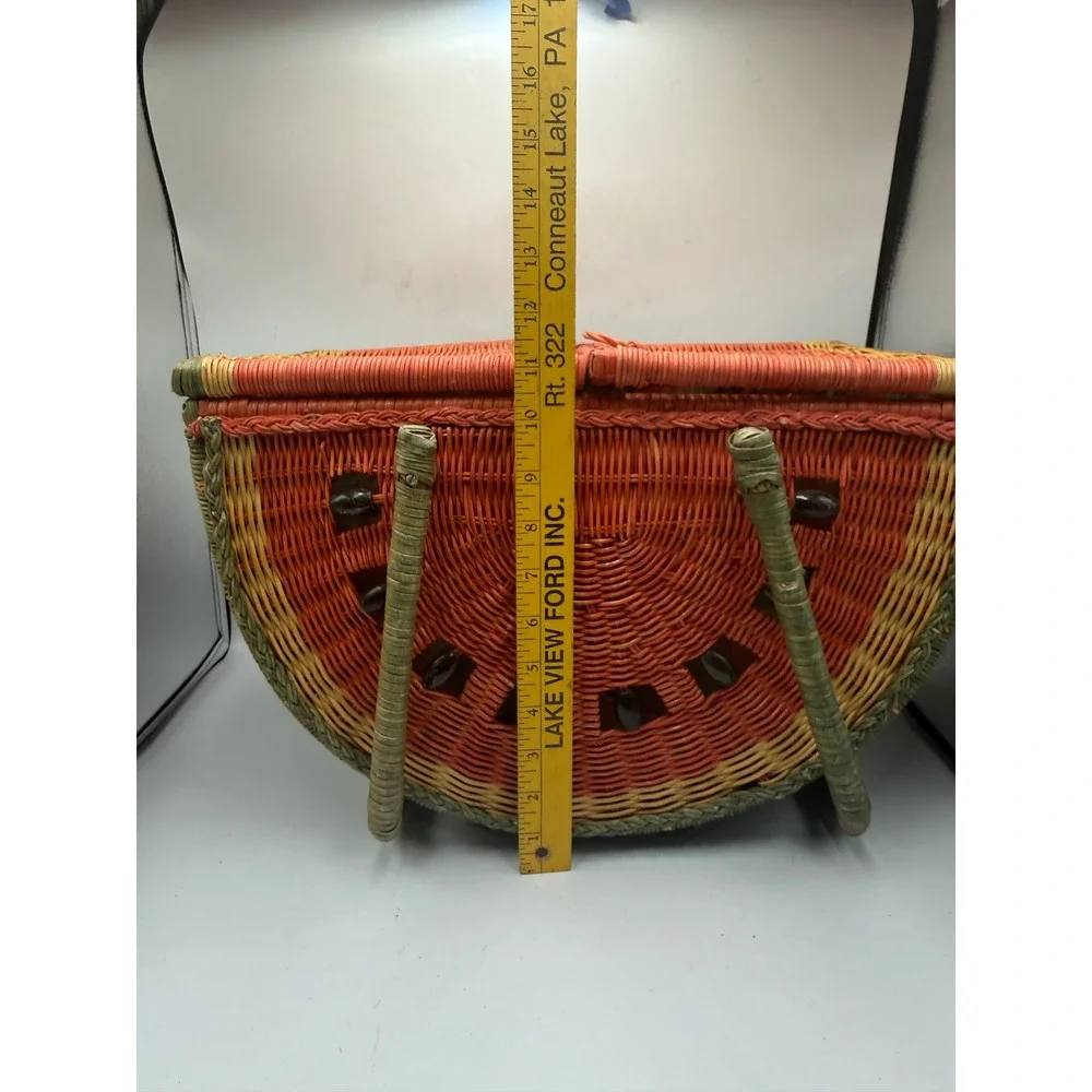 Vintage Wicker Watermelon Picnic Basket Fruit Print Lining Summer Tote Bag